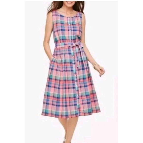 TALBOTS Dress Pink Madras Plaid Sz 8 Petite Belted Cotton Button Up Sleeveless - Picture 1 of 7